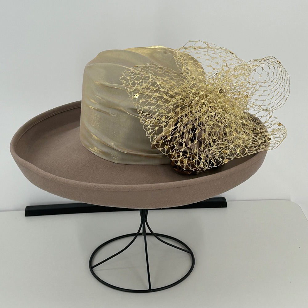 Whittall & Shon Vintage Wool Felt Dress Hat Gold Metallic Mesh Bow Taupe USA‎